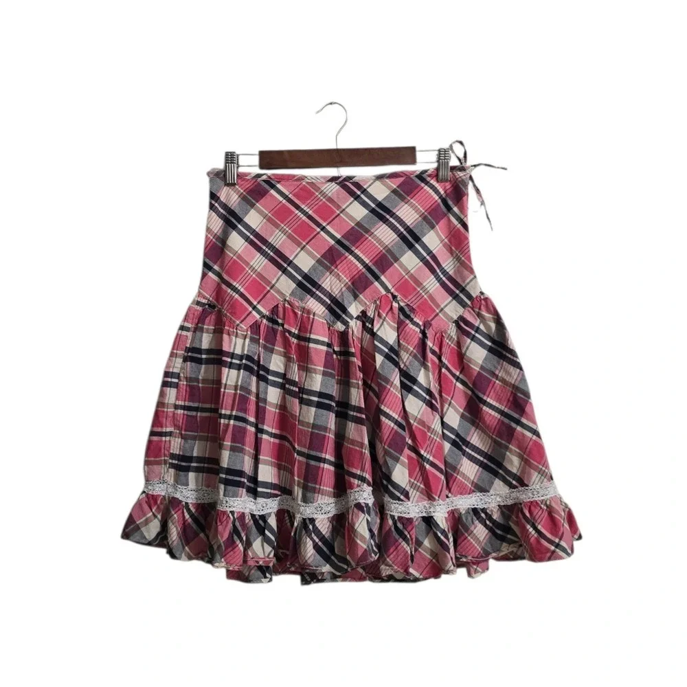 Ralph Lauren Girls Plaid Ruffle Lace Skirt Sz 14